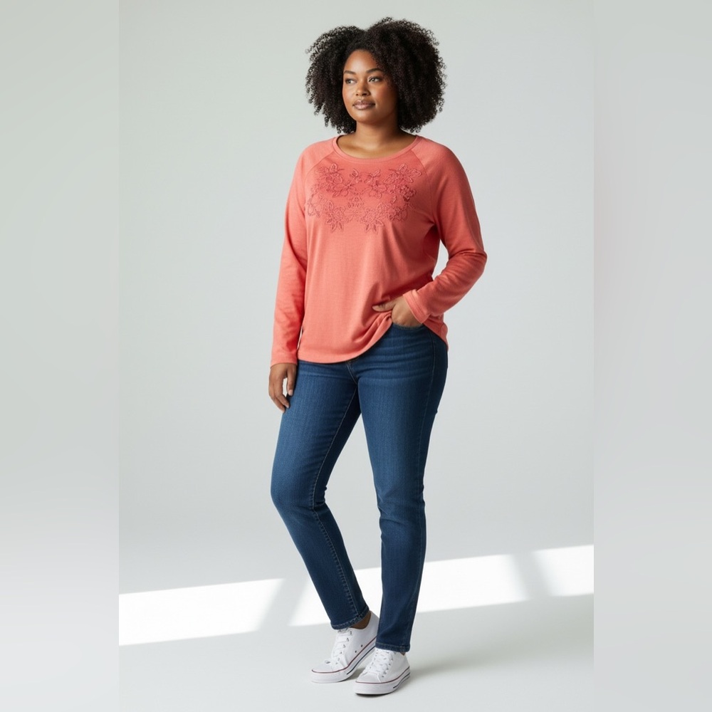 Loft Plus Long Sleeve Embroidered Sweatshirt Top Salmon Pink Size 16/18
